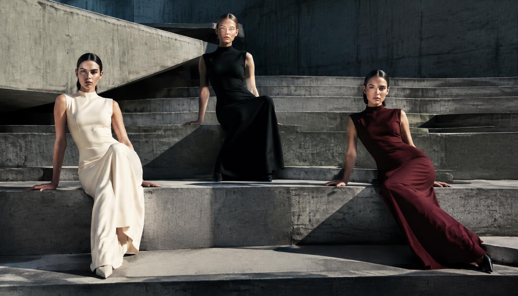 Three models in bone, black and oxblood gowns on concrete steps